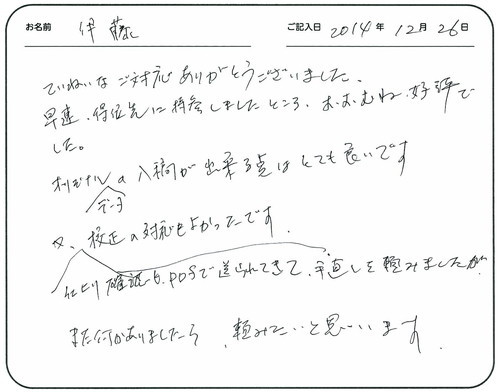 ていねいなご対応ありがとうございました。
早速得意先に持参しましたところ、おおむね好評でした。
オリジナルデータの入稿が出来る点はとても良いです。
又、仕上がり確認もＰＤＦで送られてきて手直しを頼みましたが、校正の対応もよかったです。
また、何かありましたら頼みたいと思います。